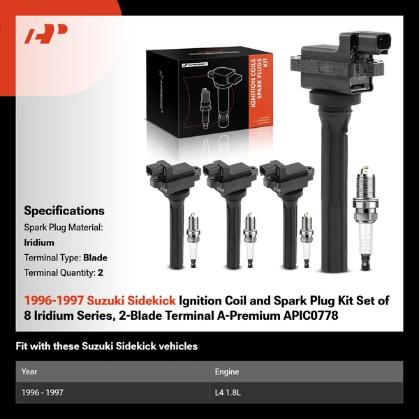 1996-1997 Suzuki Sidekick Ignition Coil and Spark Plug Kit Set of 8 Iridium Series, 2-Blade Terminal A-Premium APIC0778