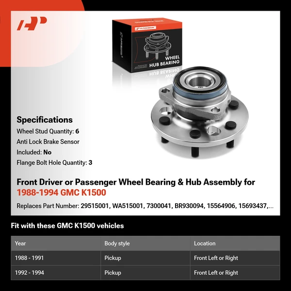 Front Driver or Passenger Wheel Bearing & Hub Assembly for 1988-1994 GMC K1500