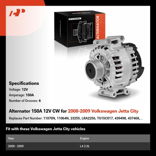Alternator 150A 12V CW for 2008-2009 Volkswagen Jetta City