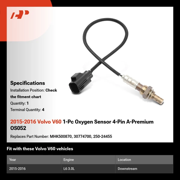 2015-2016 Volvo V60 1-Pc Oxygen Sensor 4-Pin A-Premium OS052