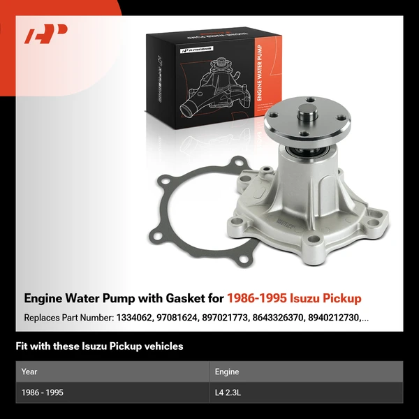 Engine Water Pump with Gasket for 1986-1995 Isuzu Pickup