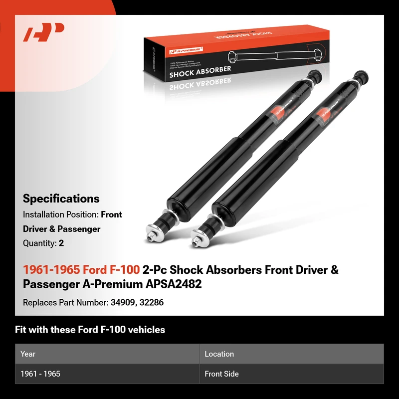 1961-1965 Ford F-100 2-Pc Shock Absorbers Front Driver & Passenger A-Premium APSA2482