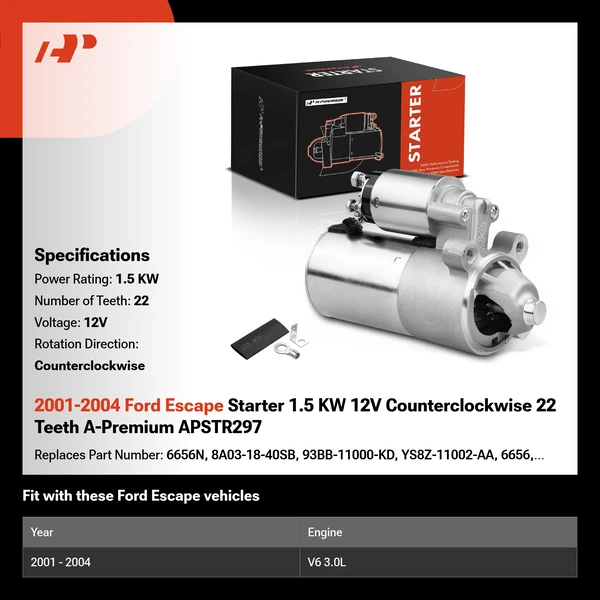 2001-2004 Ford Escape Starter 1.5 KW 12V Counterclockwise 22 Teeth A-Premium APSTR297
