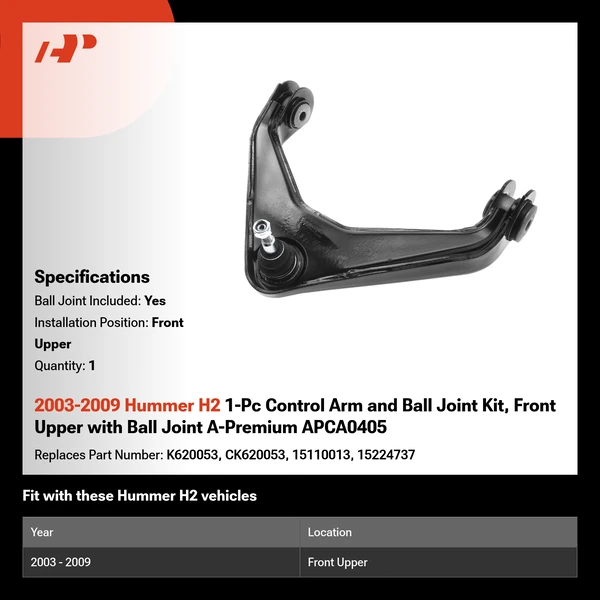 2003-2009 Hummer H2 1-Pc Control Arm and Ball Joint Kit, Front Upper with Ball Joint A-Premium APCA0405
