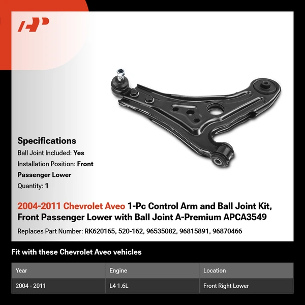 2004-2011 Chevrolet Aveo 1-Pc Control Arm and Ball Joint Kit, Front Passenger Lower with Ball Joint A-Premium APCA3549