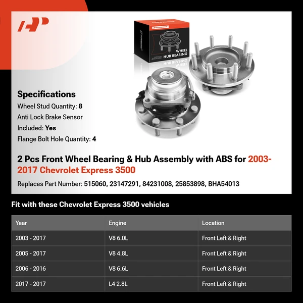 2 Pcs Front Wheel Bearing & Hub Assembly with ABS for 2003-2017 Chevrolet Express 3500