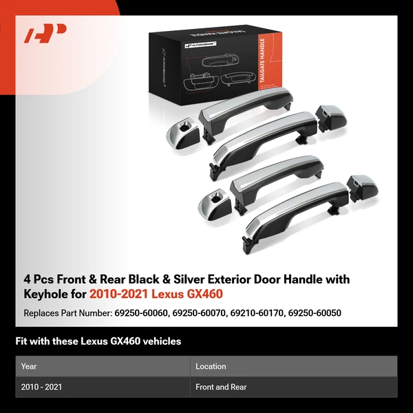 4 Pcs Front & Rear Black & Silver Exterior Door Handle with Keyhole for 2010-2021 Lexus GX460