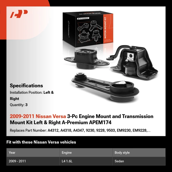 2009-2011 Nissan Versa 3-Pc Engine Mount and Transmission Mount Kit Left & Right A-Premium APEM174
