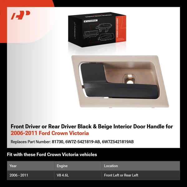 Front Driver or Rear Driver Black & Beige Interior Door Handle for 2006-2011 Ford Crown Victoria
