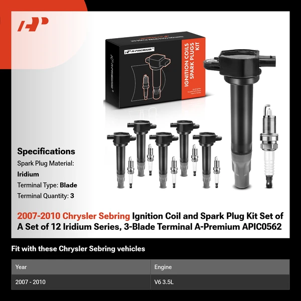 2007-2010 Chrysler Sebring Ignition Coil and Spark Plug Kit Set of A Set of 12 Iridium Series, 3-Blade Terminal A-Premium APIC0562