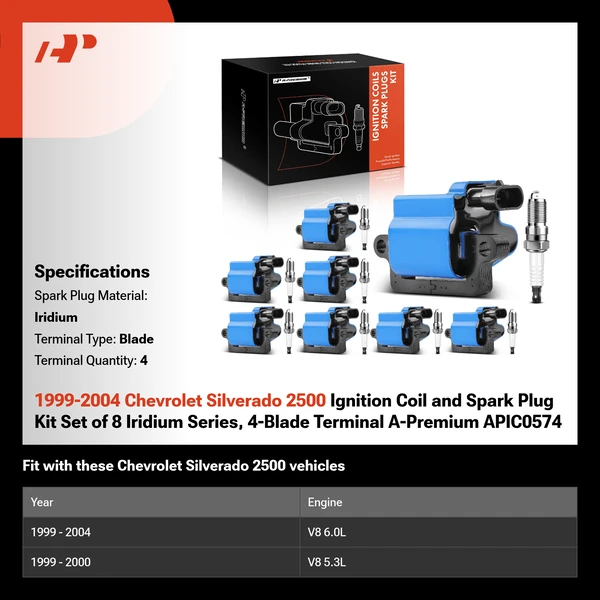 1999-2004 Chevrolet Silverado 2500 Ignition Coil and Spark Plug Kit Set of 8 Iridium Series, 4-Blade Terminal A-Premium APIC0574