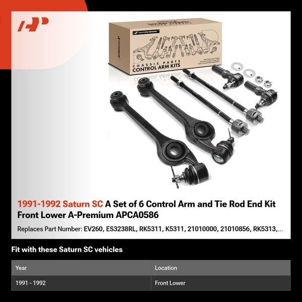 1991-1992 Saturn SC A Set of 6 Control Arm and Tie Rod End Kit Front Lower A-Premium APCA0586