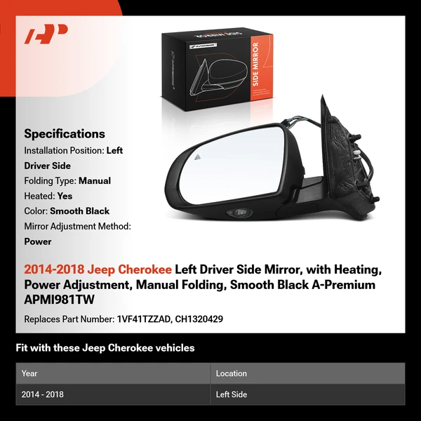 2014-2018 Jeep Cherokee Left Driver Side Mirror, with Heating, Power Adjustment, Manual Folding, Smooth Black A-Premium APMI981TW