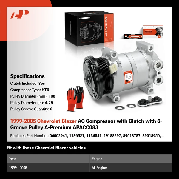 1999-2005 Chevrolet Blazer AC Compressor with Clutch with 6-Groove Pulley A-Premium APACC083