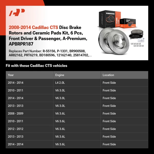 2008-2014 Cadillac CTS Disc Brake Rotors and Ceramic Pads Kit, 6 Pcs, Front Driver & Passenger, A-Premium, APBRPR187
