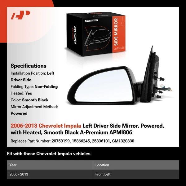 2006-2013 Chevrolet Impala Left Driver Side Mirror, Powered, with Heated, Smooth Black A-Premium APMI806