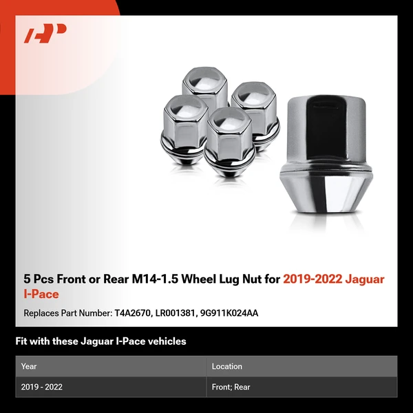 5 Pcs Front or Rear M14-1.5 Wheel Lug Nut for 2019-2022 Jaguar I-Pace