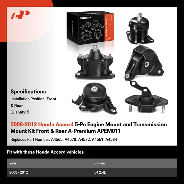 2008-2012 Honda Accord 5-Pc Engine Mount and Transmission Mount Kit Front & Rear A-Premium APEM011
