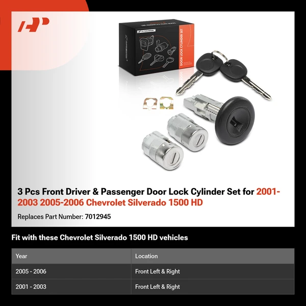 3 Pcs Front Driver & Passenger Door Lock Cylinder Set for 2001-2003 2005-2006 Chevrolet Silverado 1500 HD