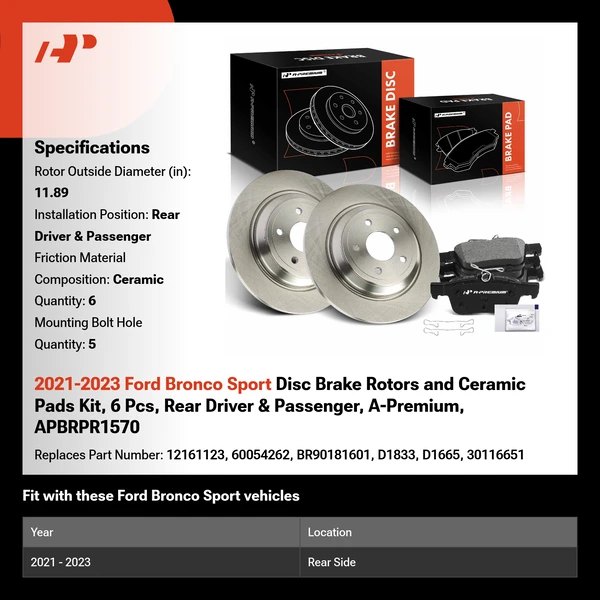 2021-2023 Ford Bronco Sport Disc Brake Rotors and Ceramic Pads Kit, 6 Pcs, Rear Driver & Passenger, A-Premium, APBRPR1570
