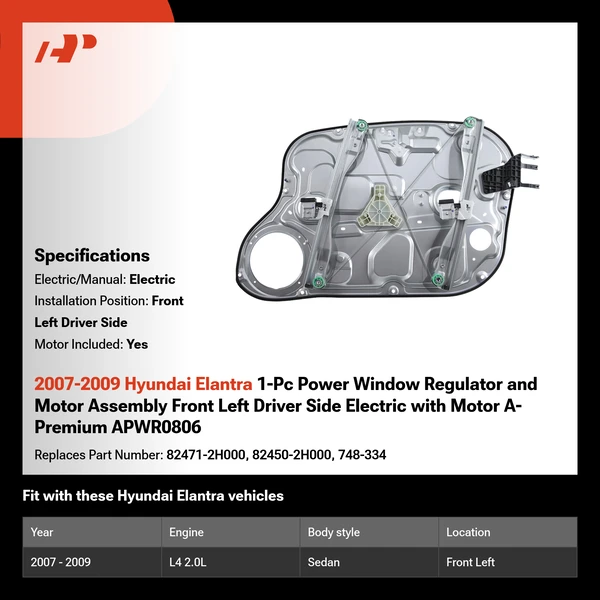 2007-2009 Hyundai Elantra 1-Pc Power Window Regulator and Motor Assembly Front Left Driver Side Electric with Motor A-Premium APWR0806