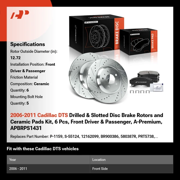 2006-2011 Cadillac DTS Drilled & Slotted Disc Brake Rotors and Ceramic Pads Kit, 6 Pcs, Front Driver & Passenger, A-Premium, APBRPS1431