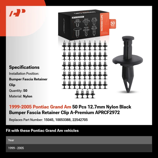 1999-2005 Pontiac Grand Am 50 Pcs 12.7mm Nylon Black Bumper Fascia Retainer Clip A-Premium APRCF2972