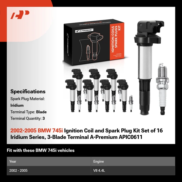 2002-2005 BMW 745i Ignition Coil and Spark Plug Kit Set of 16 Iridium Series, 3-Blade Terminal A-Premium APIC0611