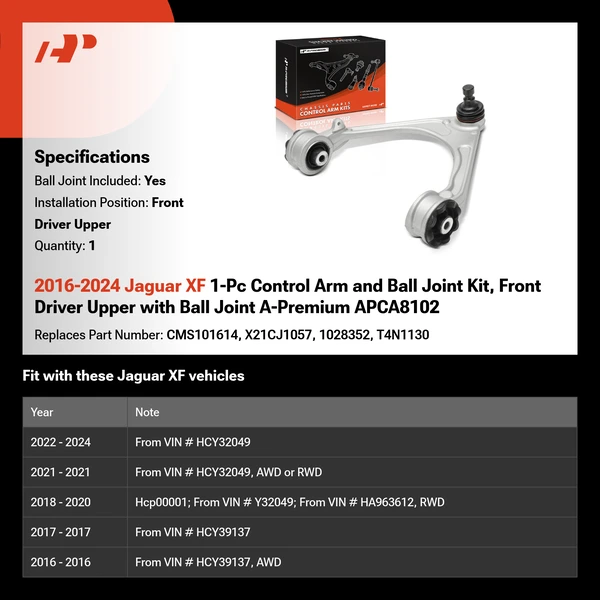 2016-2024 Jaguar XF 1-Pc Control Arm and Ball Joint Kit, Front Driver Upper with Ball Joint A-Premium APCA8102