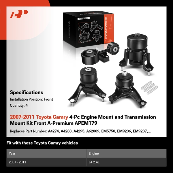 2007-2011 Toyota Camry 4-Pc Engine Mount and Transmission Mount Kit Front A-Premium APEM179