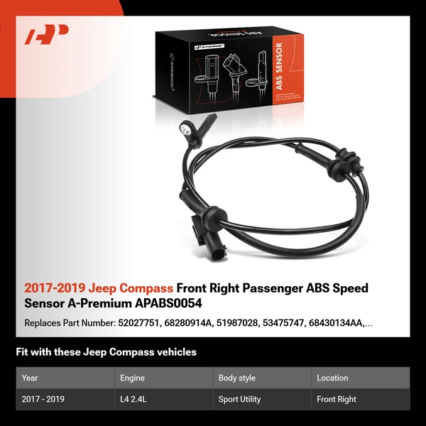 2017-2019 Jeep Compass Front Right Passenger ABS Speed Sensor A-Premium APABS0054