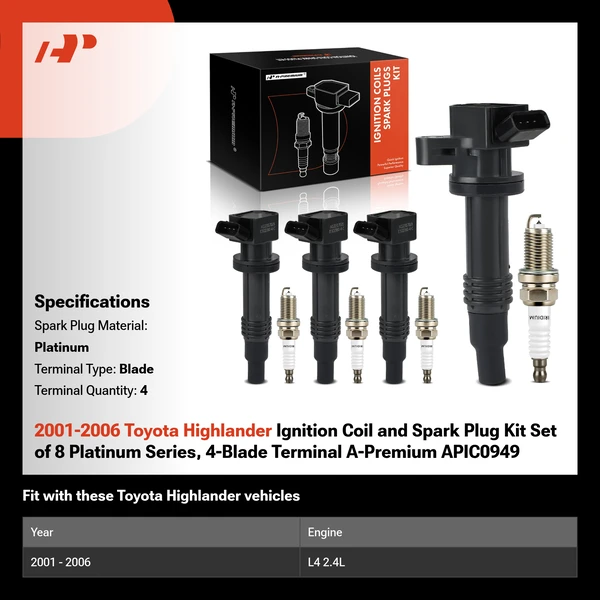 2001-2006 Toyota Highlander Ignition Coil and Spark Plug Kit Set of 8 Platinum Series, 4-Blade Terminal A-Premium APIC0949