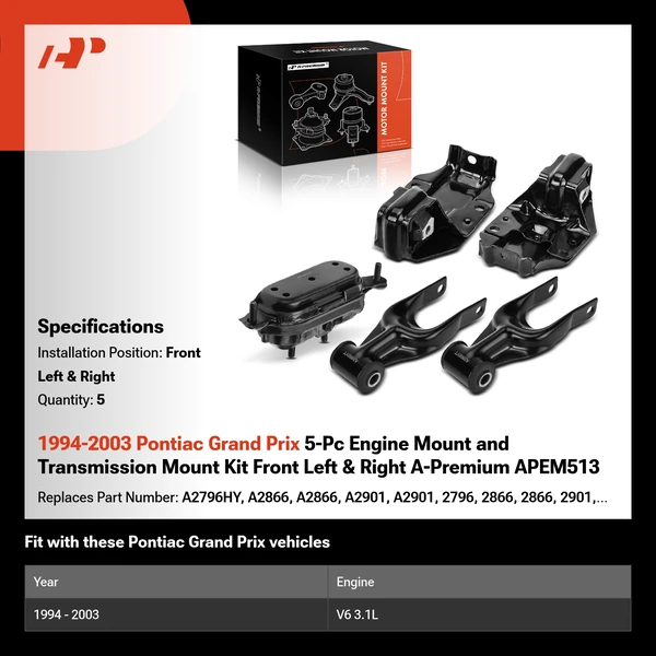 1994-2003 Pontiac Grand Prix 5-Pc Engine Mount and Transmission Mount Kit Front Left & Right A-Premium APEM513