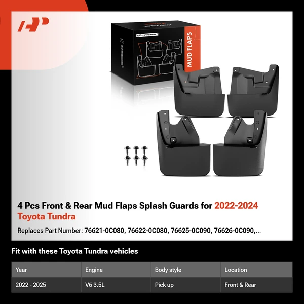 4 Pcs Front & Rear Mud Flaps Splash Guards for 2022-2024 Toyota Tundra