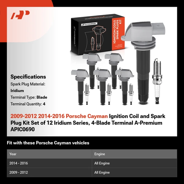 2009-2012 2014-2016 Porsche Cayman Ignition Coil and Spark Plug Kit Set of 12 Iridium Series, 4-Blade Terminal A-Premium APIC0690