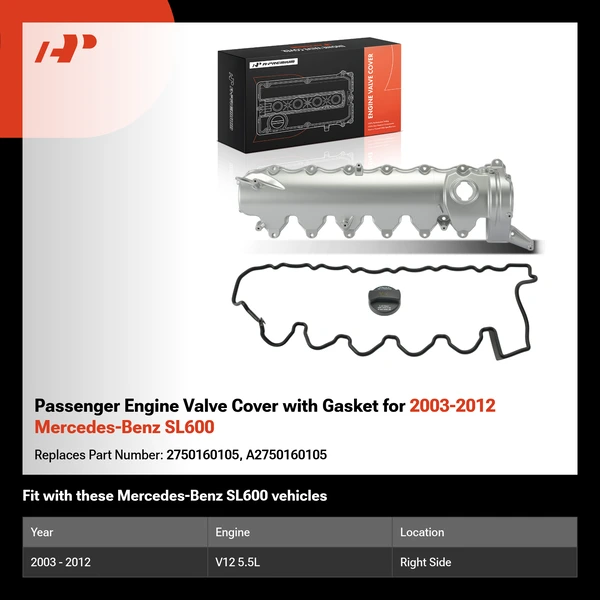 Passenger Engine Valve Cover with Gasket for 2003-2012 Mercedes-Benz SL600