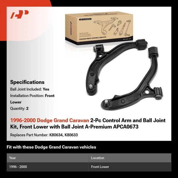 1996-2000 Dodge Grand Caravan 2-Pc Control Arm and Ball Joint Kit, Front Lower with Ball Joint A-Premium APCA0673