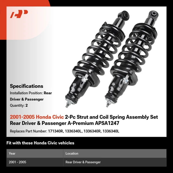 2001-2005 Honda Civic 2-Pc Strut and Coil Spring Assembly Set Rear Driver & Passenger A-Premium APSA1247