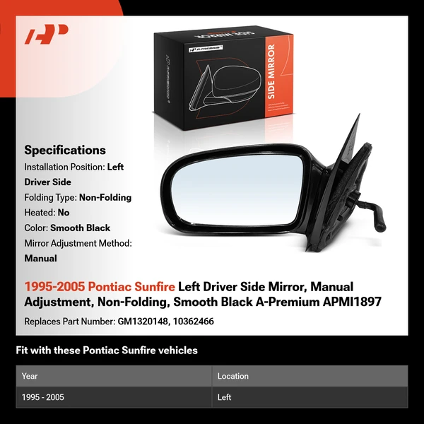 1995-2005 Pontiac Sunfire Left Driver Side Mirror, Manual Adjustment, Non-Folding, Smooth Black A-Premium APMI1897