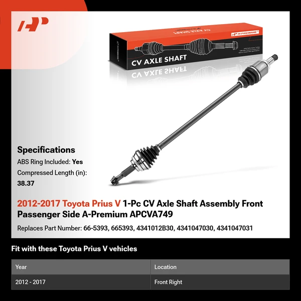 2012-2017 Toyota Prius V 1-Pc CV Axle Shaft Assembly Front Passenger Side A-Premium APCVA749