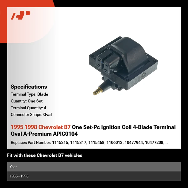 1995 1998 Chevrolet B7 One Set-Pc Ignition Coil 4-Blade Terminal Oval A-Premium APIC0104