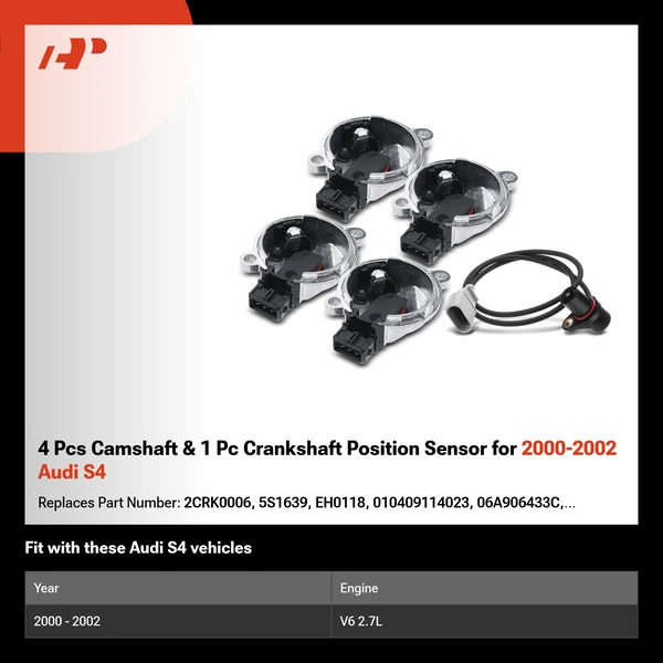 4 Pcs Camshaft & 1 Pc Crankshaft Position Sensor for 2000-2002 Audi S4