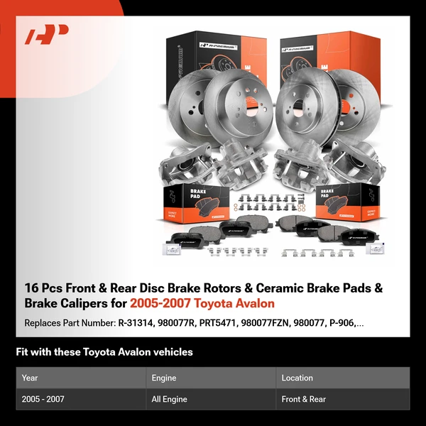 16 Pcs Front & Rear Disc Brake Rotors & Ceramic Brake Pads & Brake Calipers for 2005-2007 Toyota Avalon