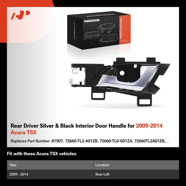 Rear Driver Silver & Black Interior Door Handle for 2009-2014 Acura TSX