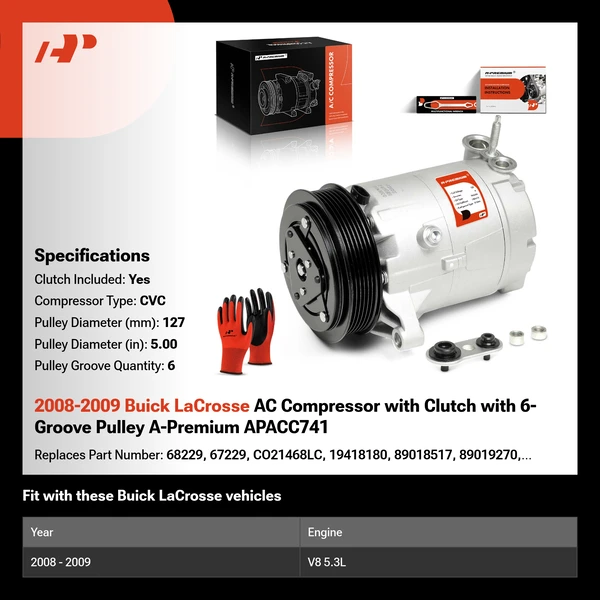 2008-2009 Buick LaCrosse AC Compressor with Clutch with 6-Groove Pulley A-Premium APACC741