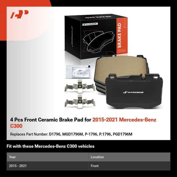 4 Pcs Front Ceramic Brake Pad for 2015-2021 Mercedes-Benz C300