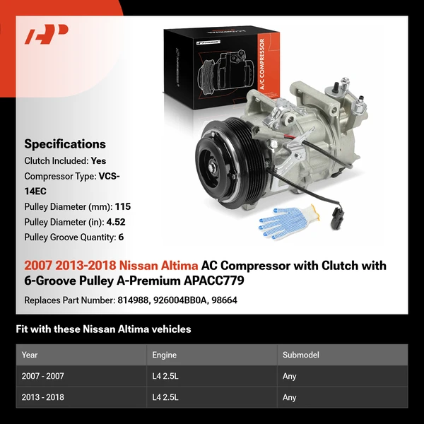 2007 2013-2018 Nissan Altima AC Compressor with Clutch with 6-Groove Pulley A-Premium APACC779