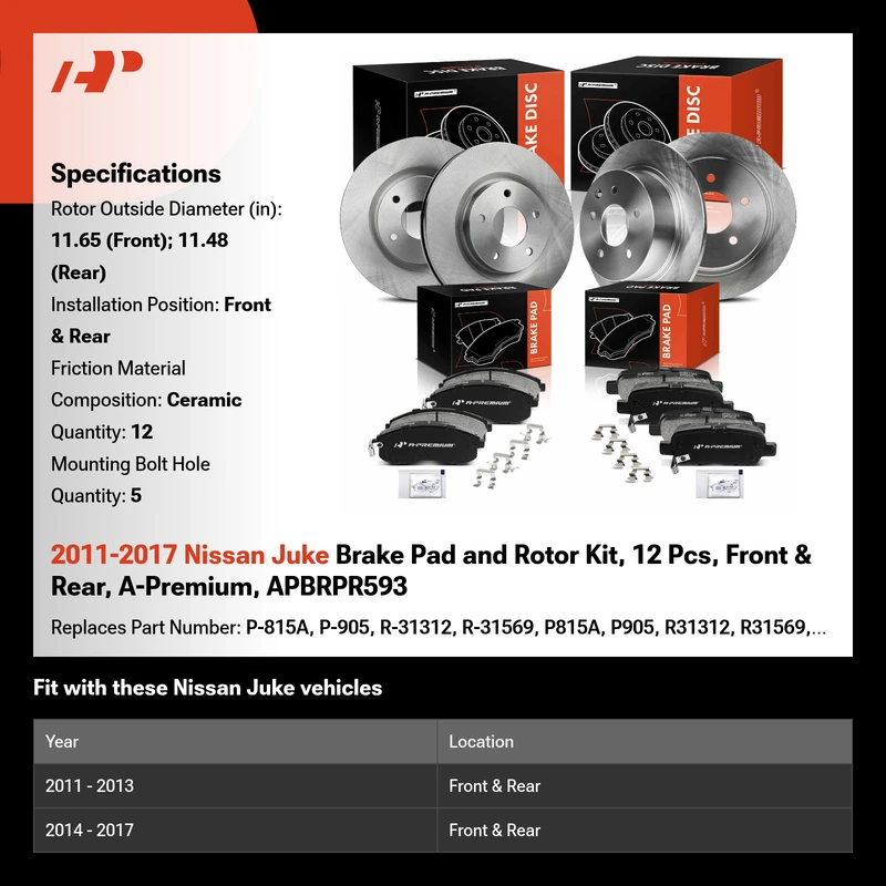 2011-2017 Nissan Juke Brake Pad and Rotor Kit, 12 Pcs, Front & Rear, A-Premium, APBRPR593