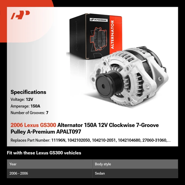 2006 Lexus GS300 Alternator 150A 12V Clockwise 7-Groove Pulley A-Premium APALT097