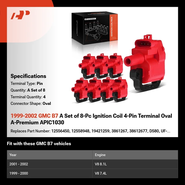 1999-2002 GMC B7 A Set of 8-Pc Ignition Coil 4-Pin Terminal Oval A-Premium APIC1030